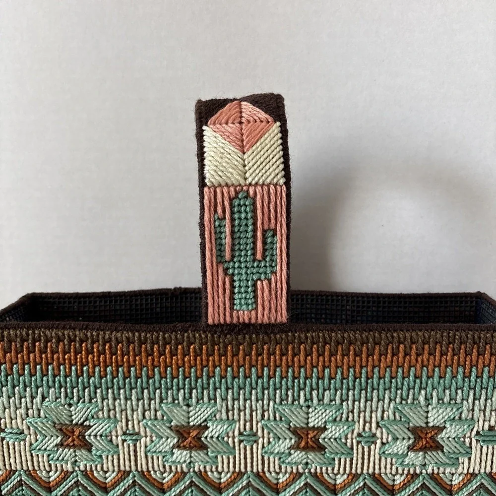 Vintage Handmade Needlepoint Cross Stitch Box Aztec Desert Cactus Purse